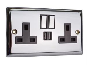 Switched Socket 2-Gang 13A with 2 x USB Chrome